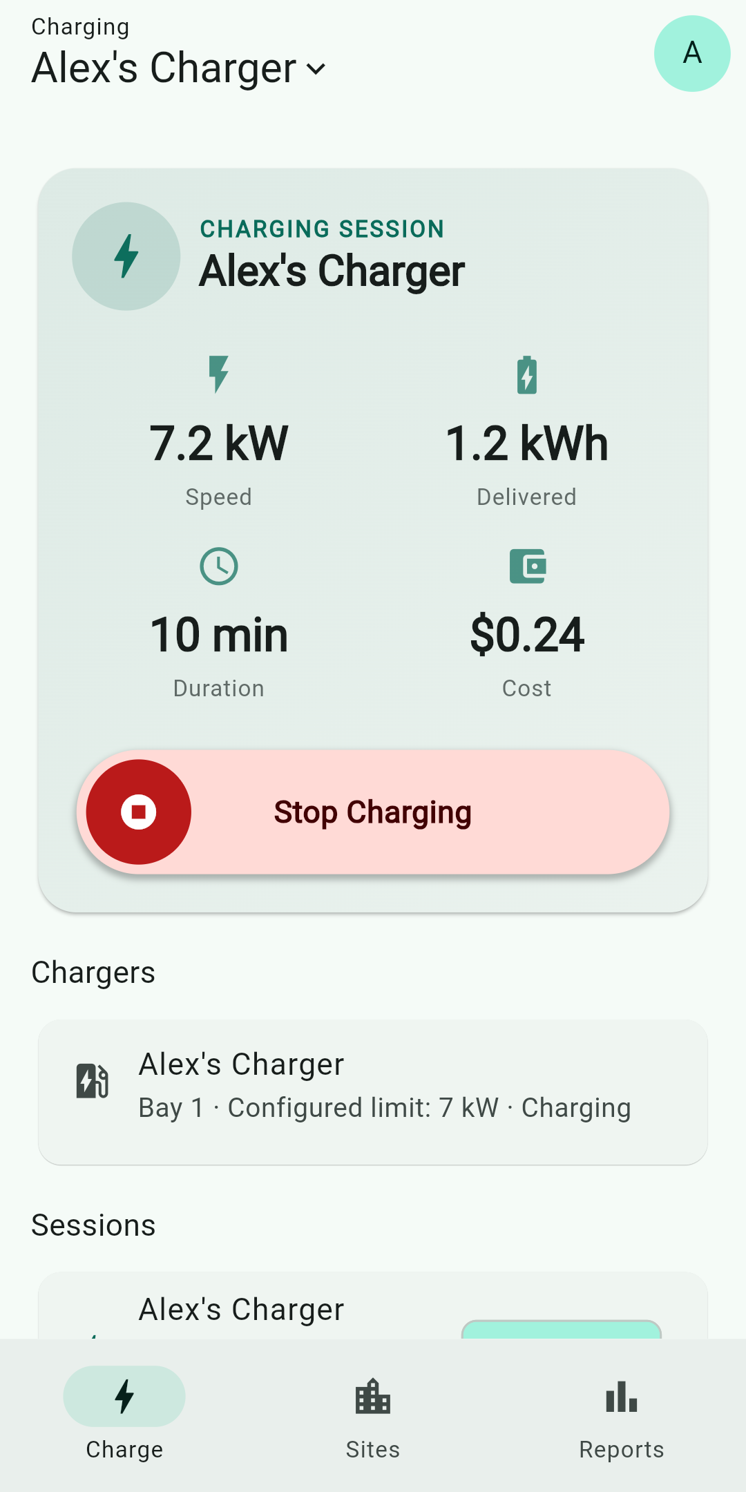 Gundro charging view showing a live charging session with power, duration, and delivered energy.