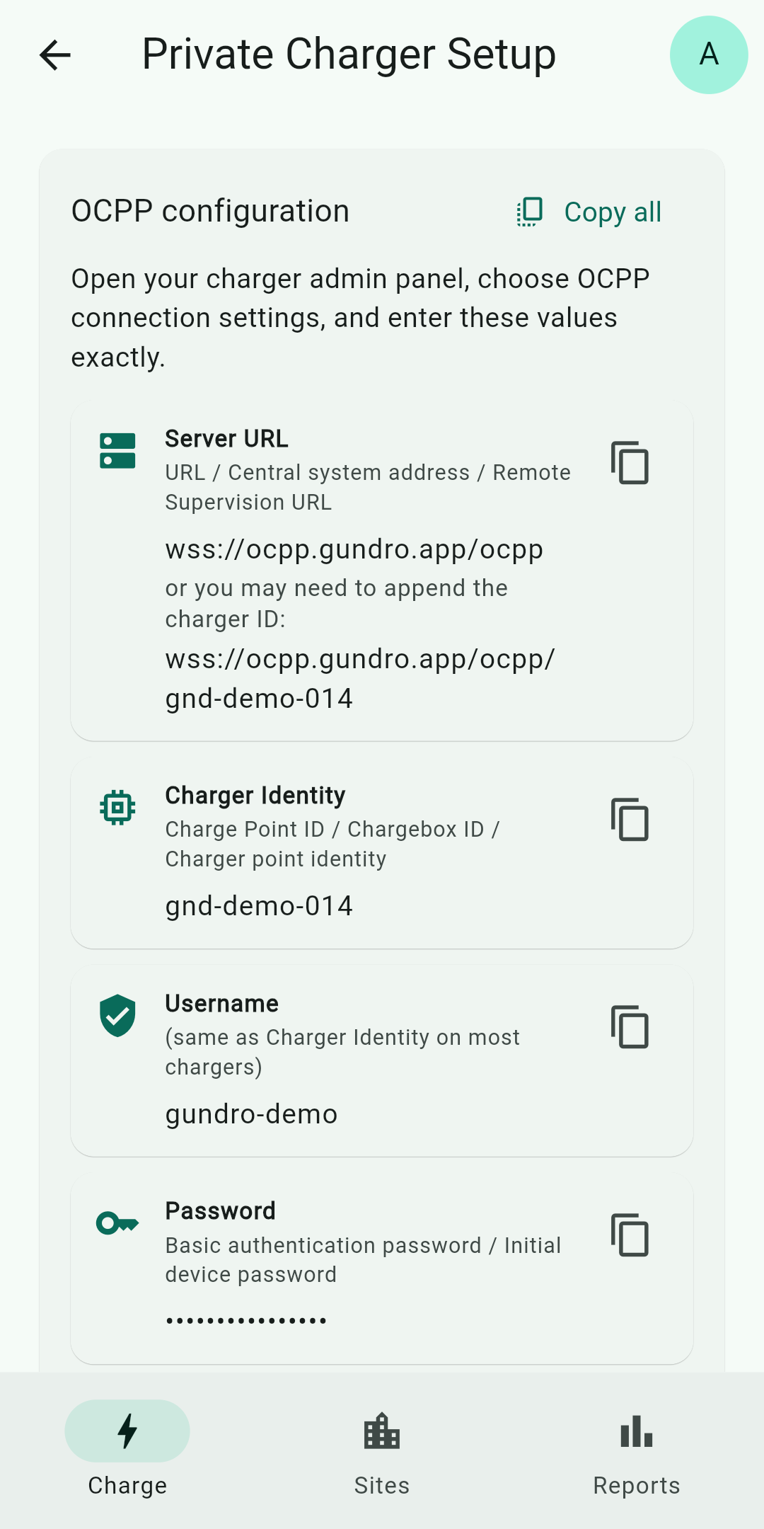 Gundro OCPP configuration screen showing the server URL, charger identity, username, and password fields.