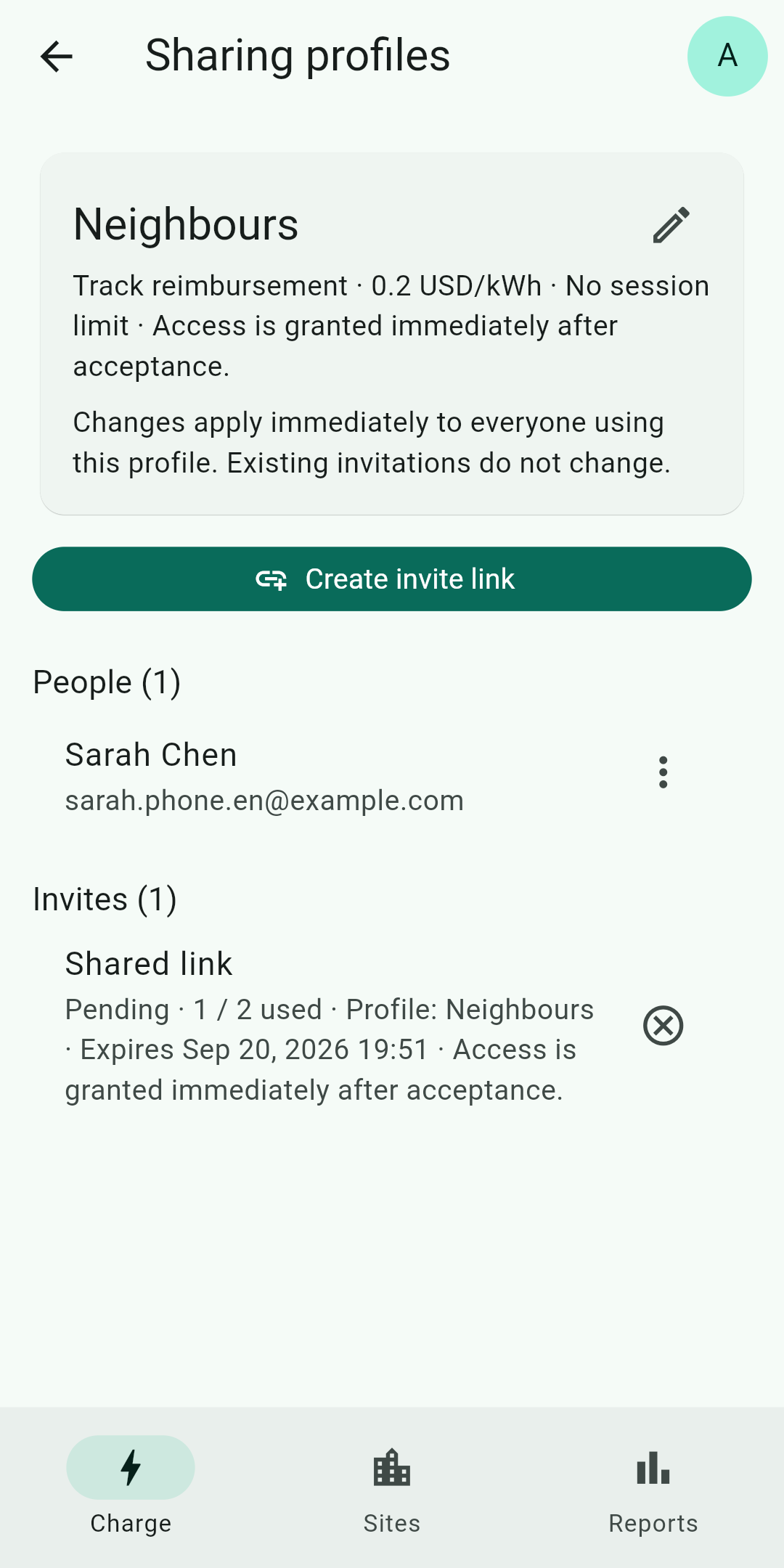 Gundro sharing profile showing an invite link, guest access, the charging rate, and instructions.